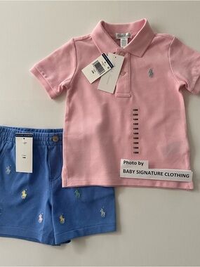 Ralph Lauren 18 Months Pink Polo Shirt & Blue Shorts Pony Print Set Outfit